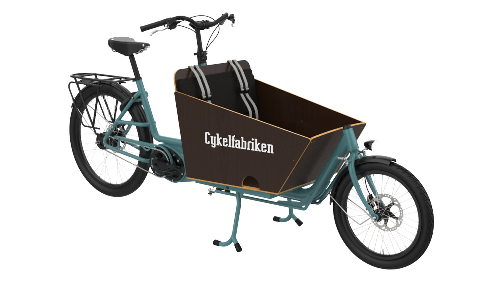 Bakfiets kort Turkoise en Lådcykel med stark motor